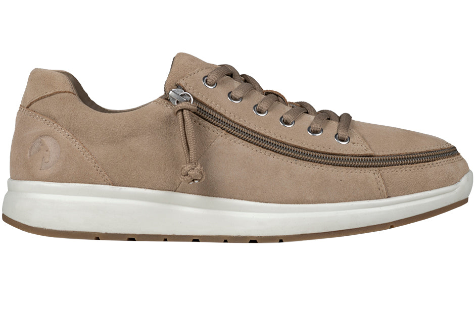Men's Tan Suede BILLY Comfort Lows, zipper shoes, like velcro, that are adaptive, accessible, inclusive and use universal design to accommodate an afo. Footwear is medium and wide width, M, D and EEE, are comfortable, and come in toddler, kids, mens, and womens sizing.