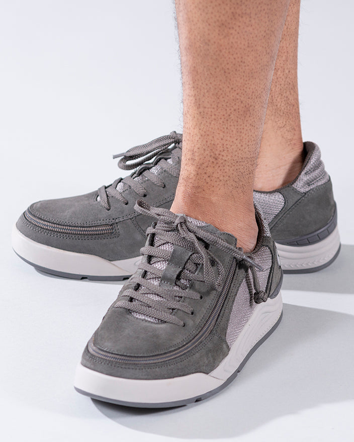 Men's Charcoal Suede/Mesh BILLY Comfort Classic Lows, zipper shoes, like velcro, that are adaptive, accessible, inclusive and use universal design to accommodate an afo. Footwear is medium and wide width, M, D and EEE, are comfortable, and come in toddler, kids, mens, and womens sizing.