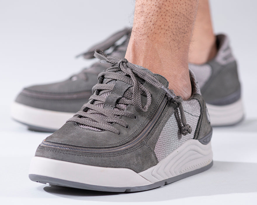 Men's Charcoal Suede/Mesh BILLY Comfort Classic Lows, zipper shoes, like velcro, that are adaptive, accessible, inclusive and use universal design to accommodate an afo. Footwear is medium and wide width, M, D and EEE, are comfortable, and come in toddler, kids, mens, and womens sizing.