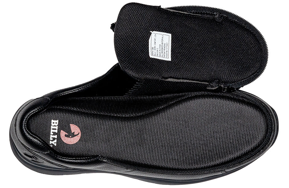 Men's Black to the Floor BILLY Work Comfort Lows, zipper shoes, like velcro, that are adaptive, accessible, inclusive and use universal design to accommodate an afo. Footwear is medium and wide width, M, D and EEE, are comfortable, and come in toddler, kids, mens, and womens sizing.