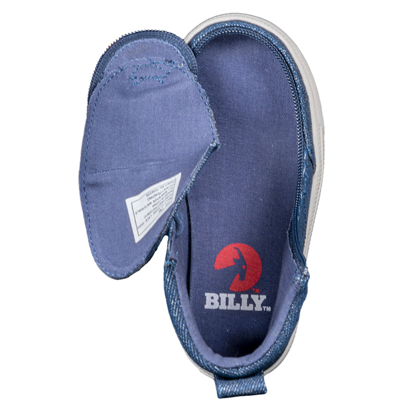 Toddler Blue Denim Glitter BILLY Classic Lace Highs, zipper shoes, like velcro, that are adaptive, accessible, inclusive and use universal design to accommodate an afo. Footwear is medium and wide width, M, D and EEE, are comfortable, and come in toddler, kids, mens, and womens sizing.
