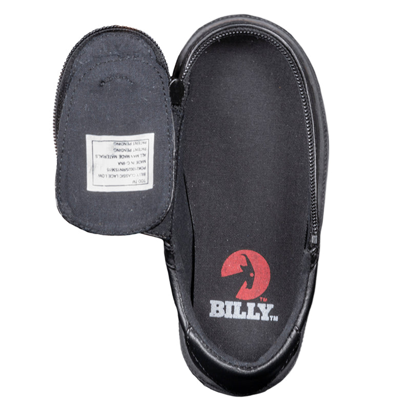 Toddler Black to the Floor Faux Leather BILLY Classic Lace Lows, zipper shoes, like velcro, that are adaptive, accessible, inclusive and use universal design to accommodate an afo. Footwear is medium and wide width, M, D and EEE, are comfortable, and come in toddler, kids, mens, and womens sizing.