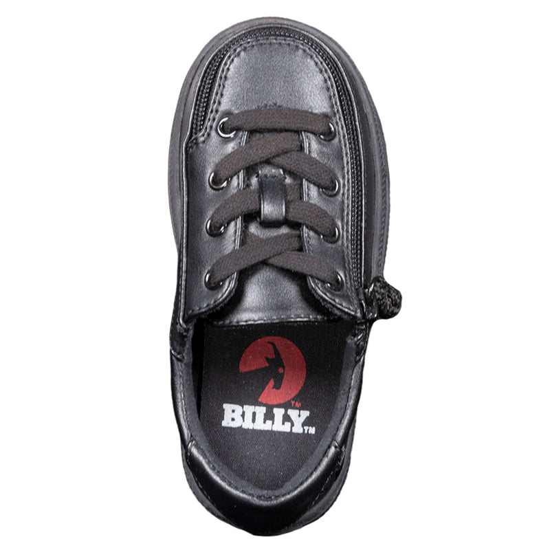 Toddler Black to the Floor Faux Leather BILLY Classic Lace Lows, zipper shoes, like velcro, that are adaptive, accessible, inclusive and use universal design to accommodate an afo. Footwear is medium and wide width, M, D and EEE, are comfortable, and come in toddler, kids, mens, and womens sizing.