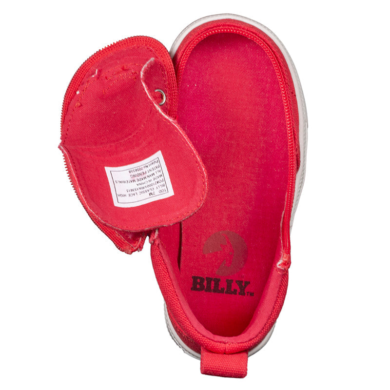 Toddler Red BILLY Classic Lace Highs, zipper shoes, like velcro, that are adaptive, accessible, inclusive and use universal design to accommodate an afo. Footwear is medium and wide width, M, D and EEE, are comfortable, and come in toddler, kids, mens, and womens sizing.