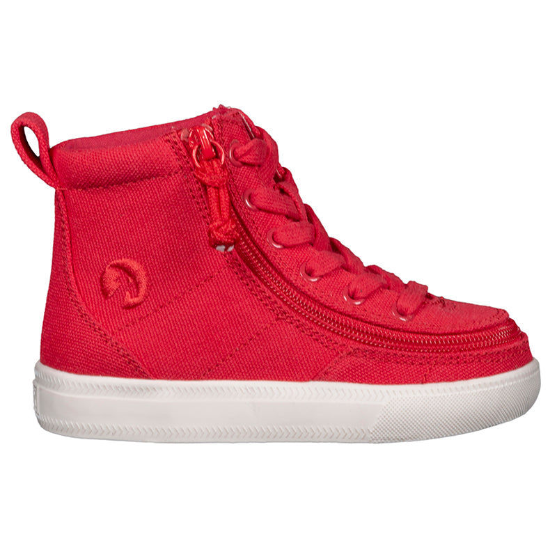 Toddler Red BILLY Classic Lace Highs, zipper shoes, like velcro, that are adaptive, accessible, inclusive and use universal design to accommodate an afo. Footwear is medium and wide width, M, D and EEE, are comfortable, and come in toddler, kids, mens, and womens sizing.