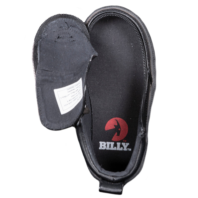 Toddler Black to the Floor Faux Leather BILLY Classic Lace Highs, zipper shoes, like velcro, that are adaptive, accessible, inclusive and use universal design to accommodate an afo. Footwear is medium and wide width, M, D and EEE, are comfortable, and come in toddler, kids, mens, and womens sizing.
