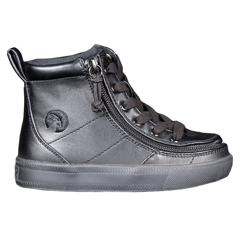 Toddler Black to the Floor Faux Leather BILLY Classic Lace Highs, zipper shoes, like velcro, that are adaptive, accessible, inclusive and use universal design to accommodate an afo. Footwear is medium and wide width, M, D and EEE, are comfortable, and come in toddler, kids, mens, and womens sizing.