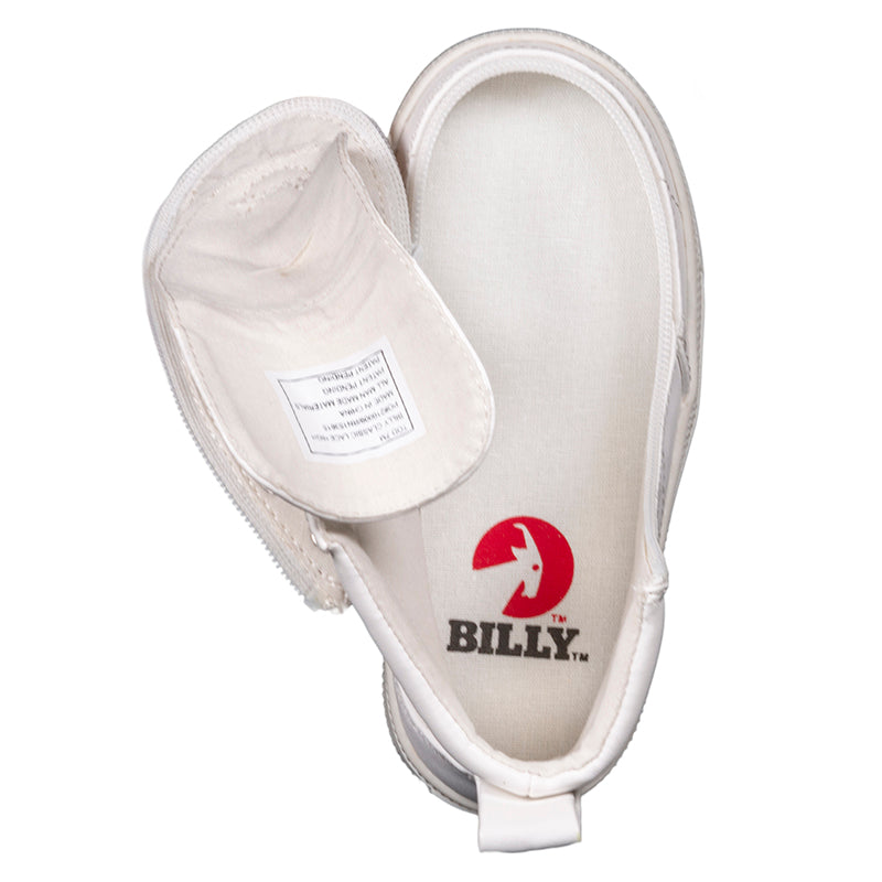 Toddler White Faux Leather BILLY Classic Lace Highs, zipper shoes, like velcro, that are adaptive, accessible, inclusive and use universal design to accommodate an afo. Footwear is medium and wide width, M, D and EEE, are comfortable, and come in toddler, kids, mens, and womens sizing.