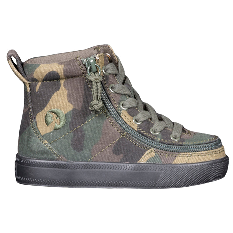 Toddler Green Camo BILLY Classic Lace Highs, zipper shoes, like velcro, that are adaptive, accessible, inclusive and use universal design to accommodate an afo. Footwear is medium and wide width, M, D and EEE, are comfortable, and come in toddler, kids, mens, and womens sizing.