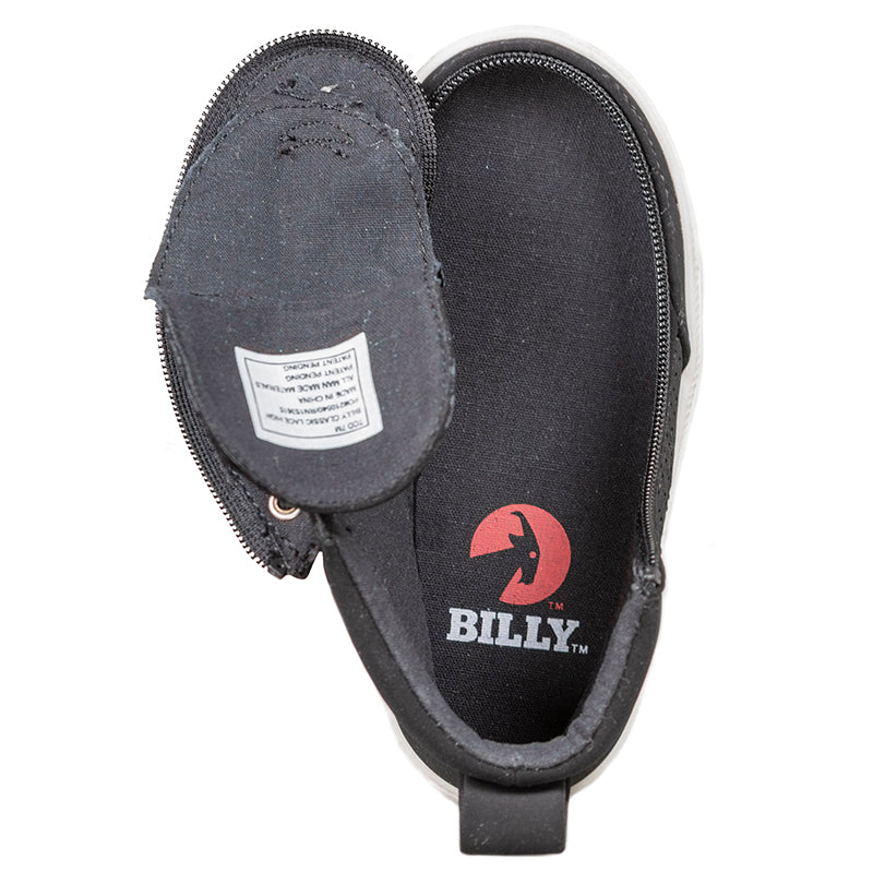 Toddler Black Perf Faux Leather BILLY Classic Lace Highs, zipper shoes, like velcro, that are adaptive, accessible, inclusive and use universal design to accommodate an afo. Footwear is medium and wide width, M, D and EEE, are comfortable, and come in toddler, kids, mens, and womens sizing.