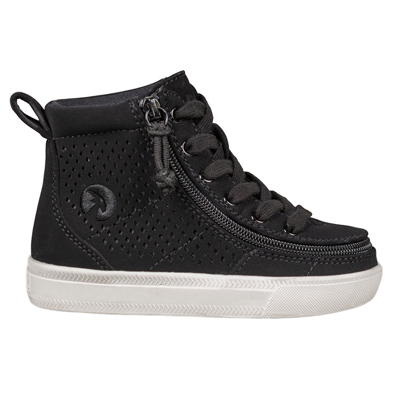 Toddler Black Perf Faux Leather BILLY Classic Lace Highs, zipper shoes, like velcro, that are adaptive, accessible, inclusive and use universal design to accommodate an afo. Footwear is medium and wide width, M, D and EEE, are comfortable, and come in toddler, kids, mens, and womens sizing.