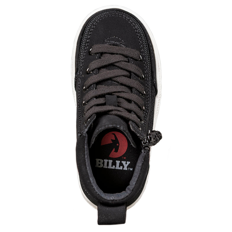 Toddler Black Perf Faux Leather BILLY Classic Lace Highs, zipper shoes, like velcro, that are adaptive, accessible, inclusive and use universal design to accommodate an afo. Footwear is medium and wide width, M, D and EEE, are comfortable, and come in toddler, kids, mens, and womens sizing.