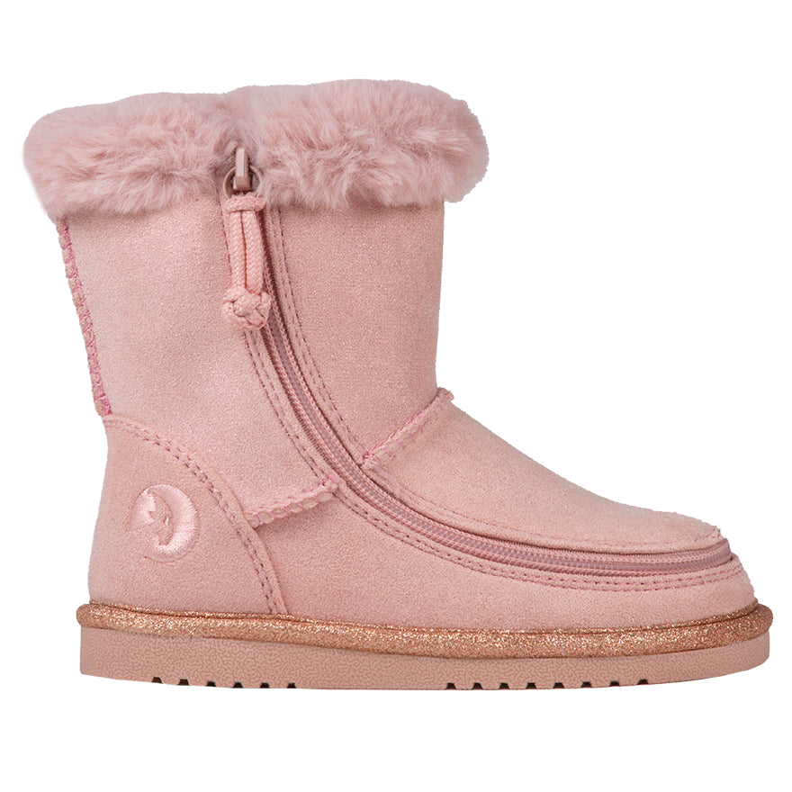 Toddler Blush BILLY Cozy Boots, zipper shoes, like velcro, that are adaptive, accessible, inclusive and use universal design to accommodate an afo. Footwear is medium and wide width, M, D and EEE, are comfortable, and come in toddler, kids, mens, and womens sizing.