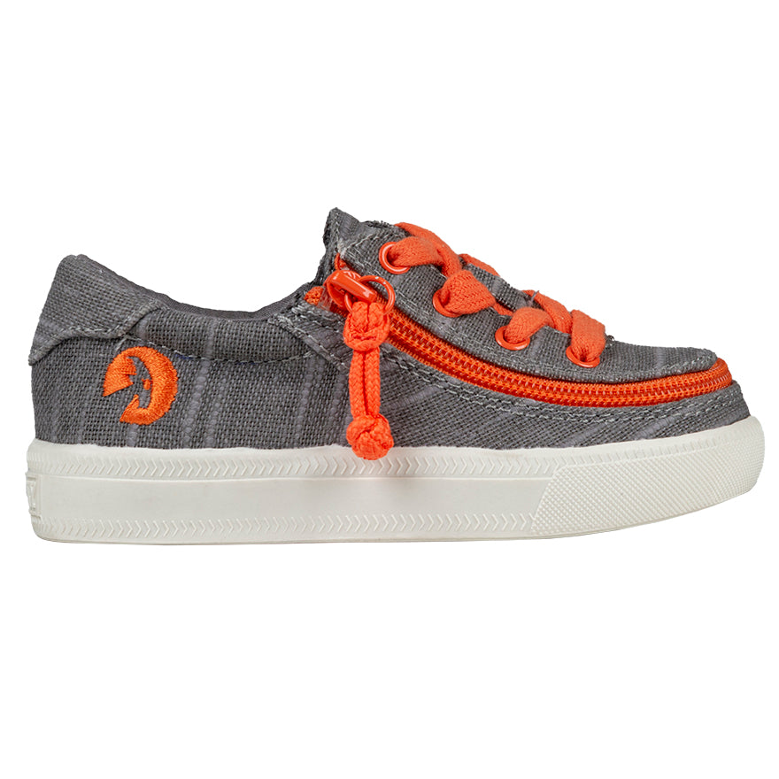 Toddler Grey/Orange BILLY Classic Lace Lows, zipper shoes, like velcro, that are adaptive, accessible, inclusive and use universal design to accommodate an afo. Footwear is medium and wide width, M, D and EEE, are comfortable, and come in toddler, kids, mens, and womens sizing.