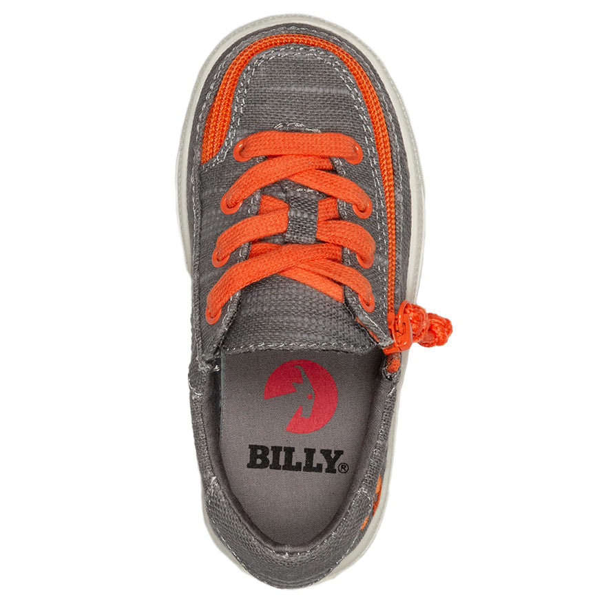 Toddler Grey/Orange BILLY Classic Lace Lows, zipper shoes, like velcro, that are adaptive, accessible, inclusive and use universal design to accommodate an afo. Footwear is medium and wide width, M, D and EEE, are comfortable, and come in toddler, kids, mens, and womens sizing.