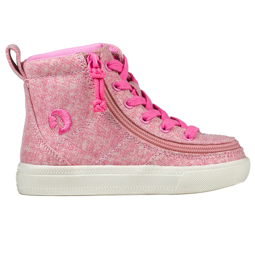 Toddler Heather Pink BILLY Classic Lace Highs, zipper shoes, like velcro, that are adaptive, accessible, inclusive and use universal design to accommodate an afo. Footwear is medium and wide width, M, D and EEE, are comfortable, and come in toddler, kids, mens, and womens sizing.