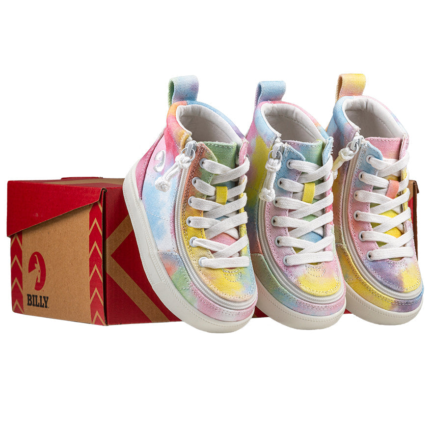 Toddler Sherbet Tie Dye BILLY Classic Lace Highs, zipper shoes, like velcro, that are adaptive, accessible, inclusive and use universal design to accommodate an afo. Footwear is medium and wide width, M, D and EEE, are comfortable, and come in toddler, kids, mens, and womens sizing.