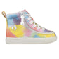 Toddler Sherbet Tie Dye BILLY Classic Lace Highs, zipper shoes, like velcro, that are adaptive, accessible, inclusive and use universal design to accommodate an afo. Footwear is medium and wide width, M, D and EEE, are comfortable, and come in toddler, kids, mens, and womens sizing.