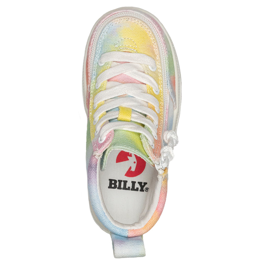 Toddler Sherbet Tie Dye BILLY Classic Lace Highs, zipper shoes, like velcro, that are adaptive, accessible, inclusive and use universal design to accommodate an afo. Footwear is medium and wide width, M, D and EEE, are comfortable, and come in toddler, kids, mens, and womens sizing.