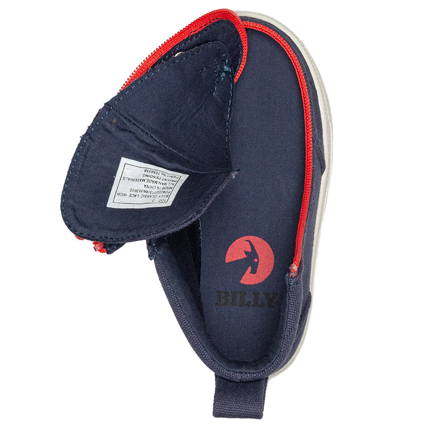 Toddler Navy/Red BILLY Classic Lace Highs, zipper shoes, like velcro, that are adaptive, accessible, inclusive and use universal design to accommodate an afo. Footwear is medium and wide width, M, D and EEE, are comfortable, and come in toddler, kids, mens, and womens sizing.