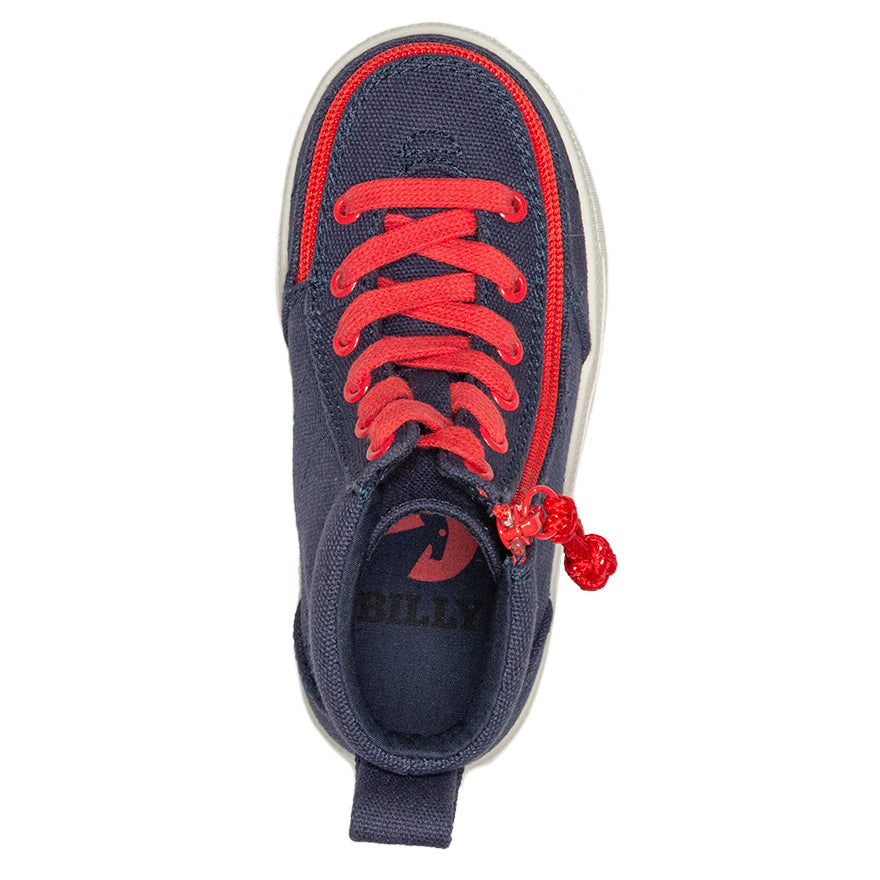 Toddler Navy/Red BILLY Classic Lace Highs, zipper shoes, like velcro, that are adaptive, accessible, inclusive and use universal design to accommodate an afo. Footwear is medium and wide width, M, D and EEE, are comfortable, and come in toddler, kids, mens, and womens sizing.