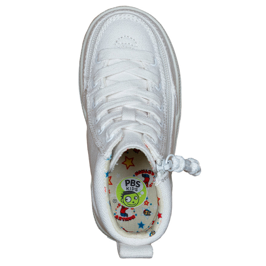 Toddler White Arthur BILLY Classic Lace Highs, zipper shoes, like velcro, that are adaptive, accessible, inclusive and use universal design to accommodate an afo. Footwear is medium and wide width, M, D and EEE, are comfortable, and come in toddler, kids, mens, and womens sizing.