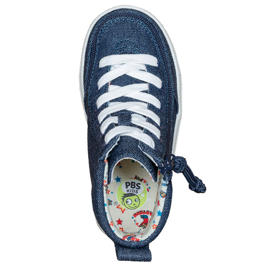 Toddler Blue Denim Arthur BILLY Classic Lace Highs, zipper shoes, like velcro, that are adaptive, accessible, inclusive and use universal design to accommodate an afo. Footwear is medium and wide width, M, D and EEE, are comfortable, and come in toddler, kids, mens, and womens sizing.