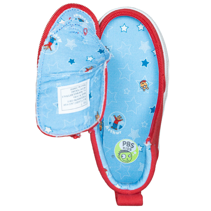 Toddler Red Arthur BILLY Classic Lace Highs, zipper shoes, like velcro, that are adaptive, accessible, inclusive and use universal design to accommodate an afo. Footwear is medium and wide width, M, D and EEE, are comfortable, and come in toddler, kids, mens, and womens sizing.