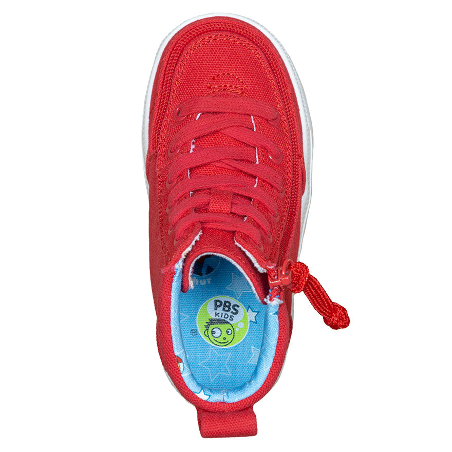 Toddler Red Arthur BILLY Classic Lace Highs, zipper shoes, like velcro, that are adaptive, accessible, inclusive and use universal design to accommodate an afo. Footwear is medium and wide width, M, D and EEE, are comfortable, and come in toddler, kids, mens, and womens sizing.