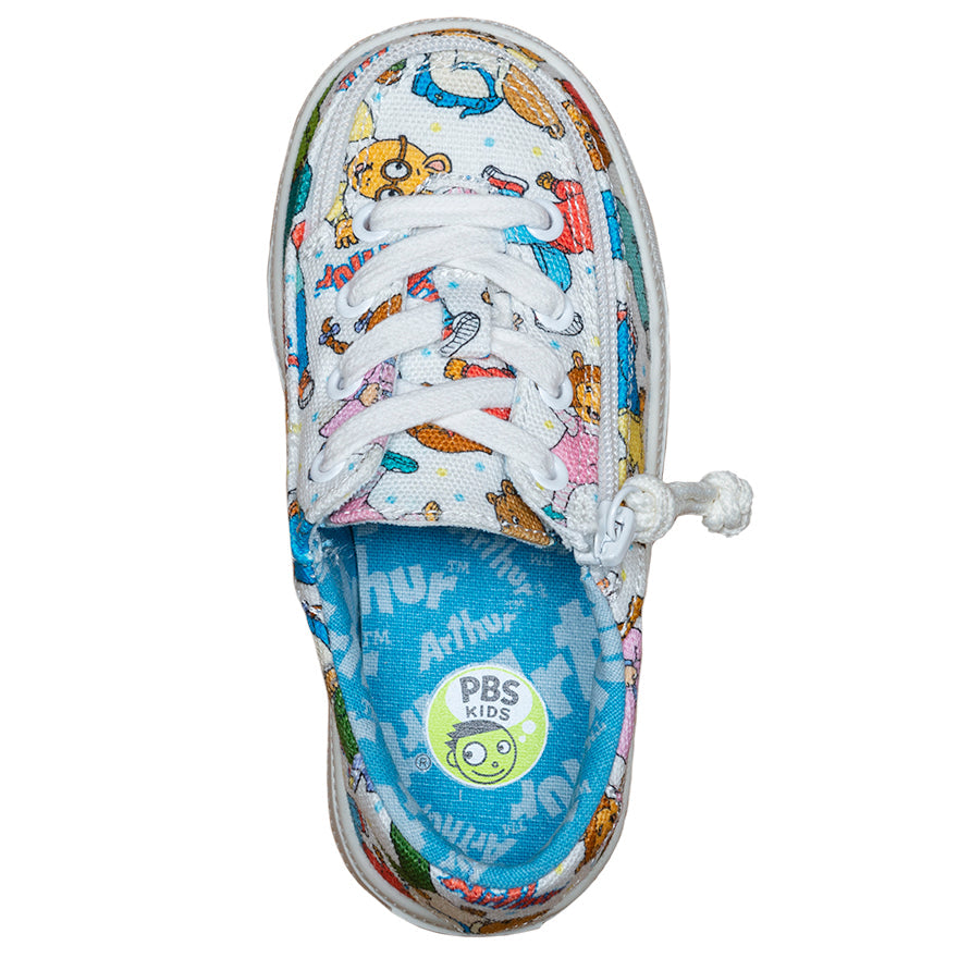 Toddler All Over Print Arthur BILLY Classic Lace Lows, zipper shoes, like velcro, that are adaptive, accessible, inclusive and use universal design to accommodate an afo. Footwear is medium and wide width, M, D and EEE, are comfortable, and come in toddler, kids, mens, and womens sizing.