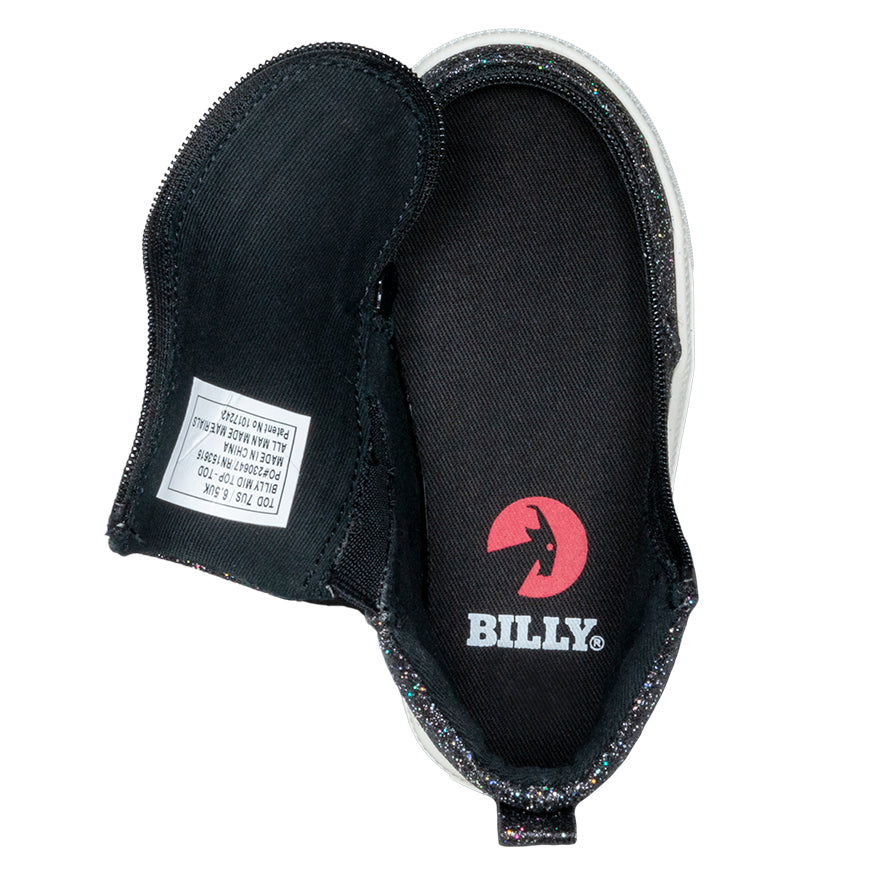 Toddler Black Glitter BILLY Mid Tops, zipper shoes, like velcro, that are adaptive, accessible, inclusive and use universal design to accommodate an afo. Footwear is medium and wide width, M, D and EEE, are comfortable, and come in toddler, kids, mens, and womens sizing.