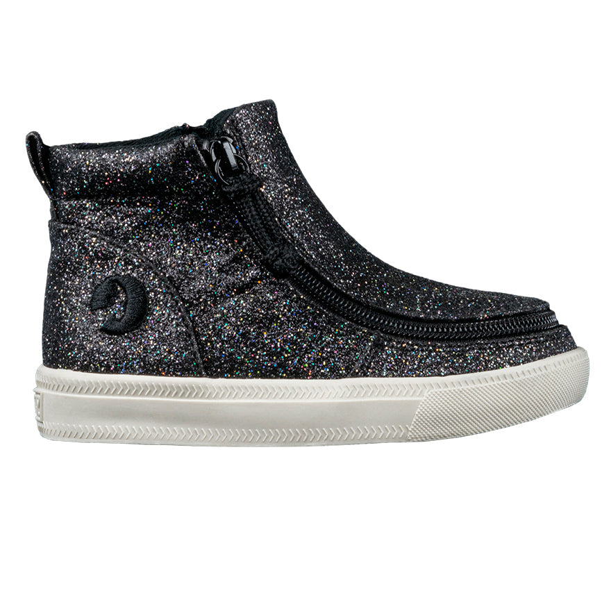 Toddler Black Glitter BILLY Mid Tops, zipper shoes, like velcro, that are adaptive, accessible, inclusive and use universal design to accommodate an afo. Footwear is medium and wide width, M, D and EEE, are comfortable, and come in toddler, kids, mens, and womens sizing.