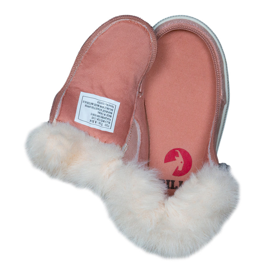 Toddler Blush Shimmer BILLY Mid Top Luxes, zipper shoes, like velcro, that are adaptive, accessible, inclusive and use universal design to accommodate an afo. Footwear is medium and wide width, M, D and EEE, are comfortable, and come in toddler, kids, mens, and womens sizing.
