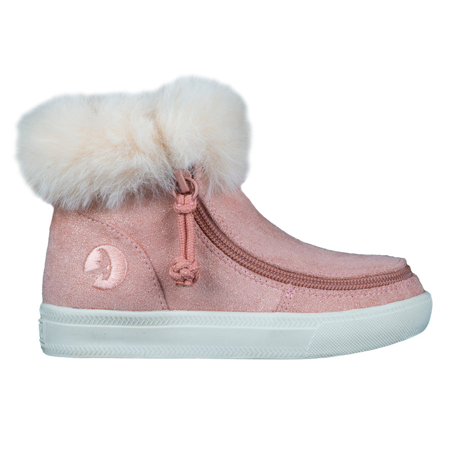 Toddler Blush Shimmer BILLY Mid Top Luxes, zipper shoes, like velcro, that are adaptive, accessible, inclusive and use universal design to accommodate an afo. Footwear is medium and wide width, M, D and EEE, are comfortable, and come in toddler, kids, mens, and womens sizing.