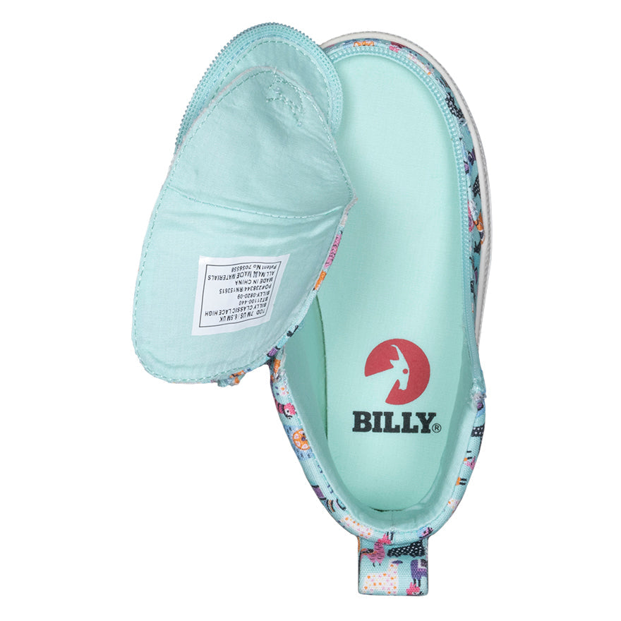 Open view of Toddler Mint Llamas BILLY Classic Lace Highs, zipper shoes, like velcro, that are adaptive, accessible, inclusive and use universal design to accommodate an afo. BILLY Footwear is medium and wide width, M, D and EEE, are comfortable, and come in toddler, kids, mens, and womens sizing.