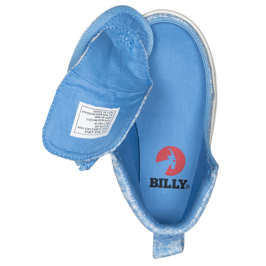Open view of Toddler Periwinkle BILLY Classic Lace Highs, zipper shoes, like velcro, that are adaptive, accessible, inclusive and use universal design to accommodate an afo. BILLY Footwear is medium and wide width, M, D and EEE, are comfortable, and come in toddler, kids, mens, and womens sizing.