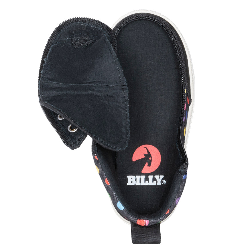 Open view of Toddler Black Polka BILLY Classic Lace Highs, zipper shoes, like velcro, that are adaptive, accessible, inclusive and use universal design to accommodate an afo. BILLY Footwear is medium and wide width, M, D and EEE, are comfortable, and come in toddler, kids, mens, and womens sizing.