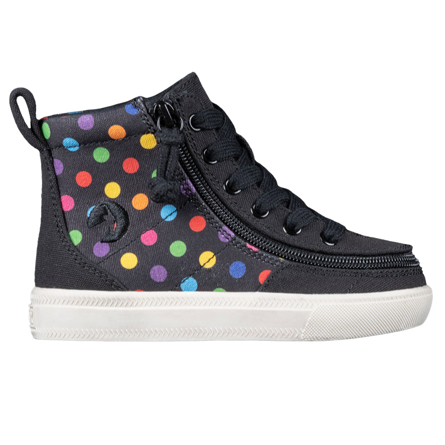 Side view of Toddler Black Polka BILLY Classic Lace Highs, zipper shoes, like velcro, that are adaptive, accessible, inclusive and use universal design to accommodate an afo. BILLY Footwear is medium and wide width, M, D and EEE, are comfortable, and come in toddler, kids, mens, and womens sizing.