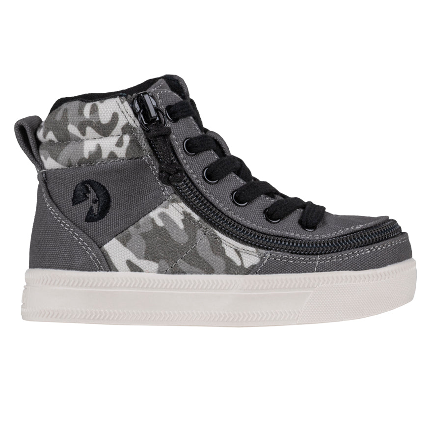 Toddler Grey Camo BILLY Street High Tops, zipper shoes, like velcro, that are adaptive, accessible, inclusive and use universal design to accommodate an afo. BILLY Footwear comes in medium and wide width, M, D and EEE, are comfortable, and come in toddler, kids, mens, and womens sizing.