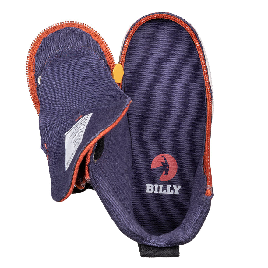 Toddler Navy Colorblock BILLY Street High Tops, zipper shoes, like velcro, that are adaptive, accessible, inclusive and use universal design to accommodate an afo. BILLY Footwear comes in medium and wide width, M, D and EEE, are comfortable, and come in toddler, kids, mens, and womens sizing.