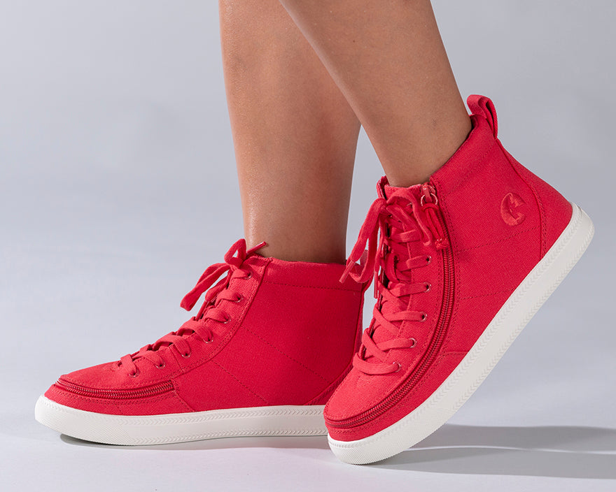 Women's Red BILLY Classic Lace Highs, zipper shoes, like velcro, that are adaptive, accessible, inclusive and use universal design to accommodate an afo. Footwear is medium and wide width, M, D and EEE, are comfortable, and come in toddler, kids, mens, and womens sizing.