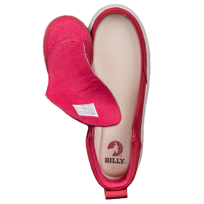 Women's Red BILLY Classic Lace Highs, zipper shoes, like velcro, that are adaptive, accessible, inclusive and use universal design to accommodate an afo. Footwear is medium and wide width, M, D and EEE, are comfortable, and come in toddler, kids, mens, and womens sizing.