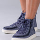 Women's Navy Jersey BILLY Classic Lace Highs, zipper shoes, like velcro, that are adaptive, accessible, inclusive and use universal design to accommodate an afo. Footwear is medium and wide width, M, D and EEE, are comfortable, and come in toddler, kids, mens, and womens sizing.