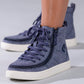 Women's Navy Jersey BILLY Classic Lace Highs, zipper shoes, like velcro, that are adaptive, accessible, inclusive and use universal design to accommodate an afo. Footwear is medium and wide width, M, D and EEE, are comfortable, and come in toddler, kids, mens, and womens sizing.