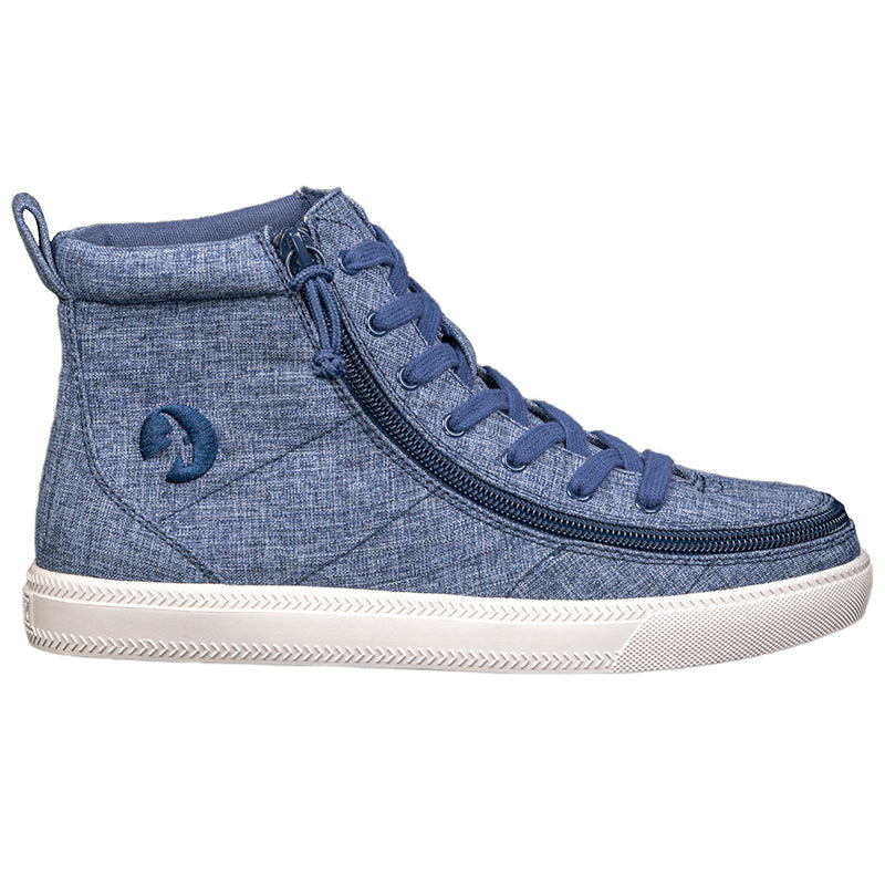 Women's Navy Jersey BILLY Classic Lace Highs, zipper shoes, like velcro, that are adaptive, accessible, inclusive and use universal design to accommodate an afo. Footwear is medium and wide width, M, D and EEE, are comfortable, and come in toddler, kids, mens, and womens sizing.