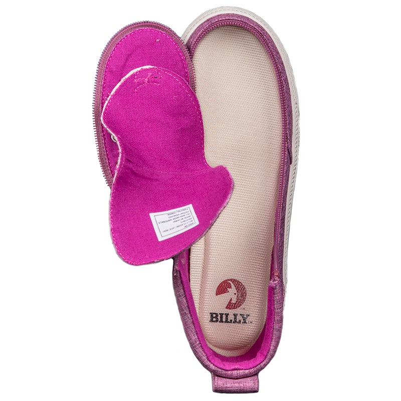 Women's Berry Jersey BILLY Classic Lace Highs, zipper shoes, like velcro, that are adaptive, accessible, inclusive and use universal design to accommodate an afo. Footwear is medium and wide width, M, D and EEE, are comfortable, and come in toddler, kids, mens, and womens sizing.
