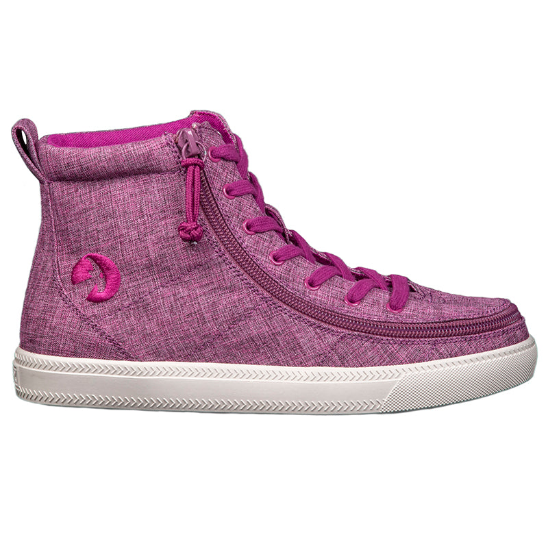 Women's Berry Jersey BILLY Classic Lace Highs, zipper shoes, like velcro, that are adaptive, accessible, inclusive and use universal design to accommodate an afo. Footwear is medium and wide width, M, D and EEE, are comfortable, and come in toddler, kids, mens, and womens sizing.