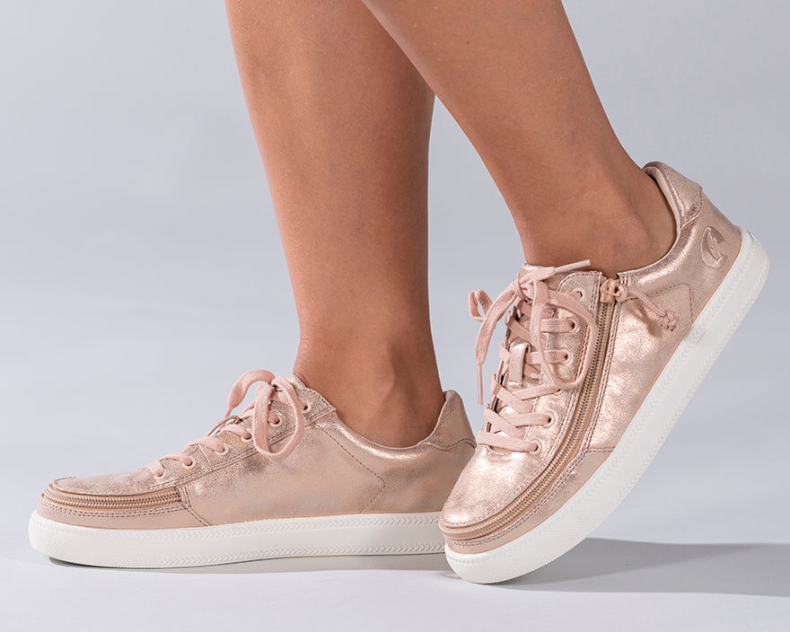 Women's Rose Gold Shine BILLY Classic Lace Lows, zipper shoes, like velcro, that are adaptive, accessible, inclusive and use universal design to accommodate an afo. Footwear is medium and wide width, M, D and EEE, are comfortable, and come in toddler, kids, mens, and womens sizing.