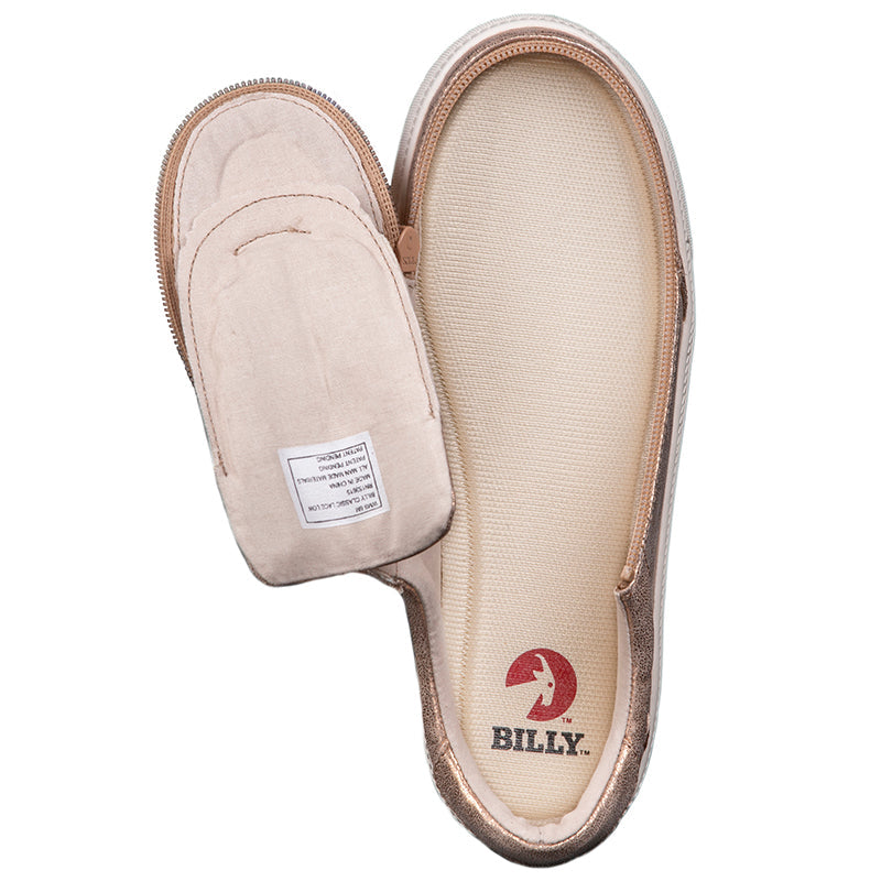 Women's Rose Gold Shine BILLY Classic Lace Lows, zipper shoes, like velcro, that are adaptive, accessible, inclusive and use universal design to accommodate an afo. Footwear is medium and wide width, M, D and EEE, are comfortable, and come in toddler, kids, mens, and womens sizing.