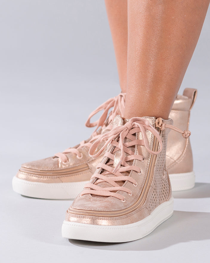 Women's Rose Gold Shine BILLY Classic Lace Highs, zipper shoes, like velcro, that are adaptive, accessible, inclusive and use universal design to accommodate an afo. Footwear is medium and wide width, M, D and EEE, are comfortable, and come in toddler, kids, mens, and womens sizing.